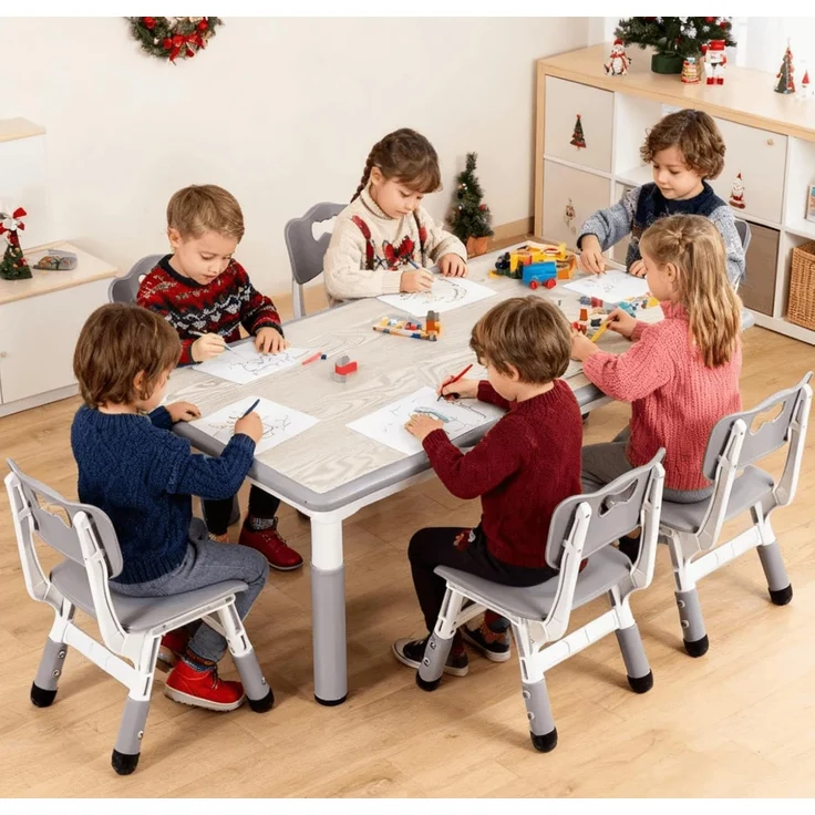 Clevich Kindertisch mit 6 Stühlen,Kinder Tisch Stuhl Set für Kindergarten und Kinderzimmer,Kindertischgruppe Höhenverstellbar,Plastik Kindermöbel,Sitzgruppe für Jungen Mädchen,Grau – Bild 2