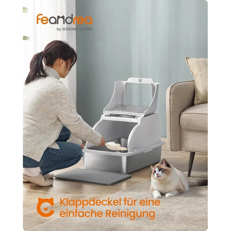 FEANDREA Katzenklo, Katzentoilette, Edelstahl, mit Deckel, Schaufel, Bürste, für Katzen bis 15 kg, grau – Bild 2
