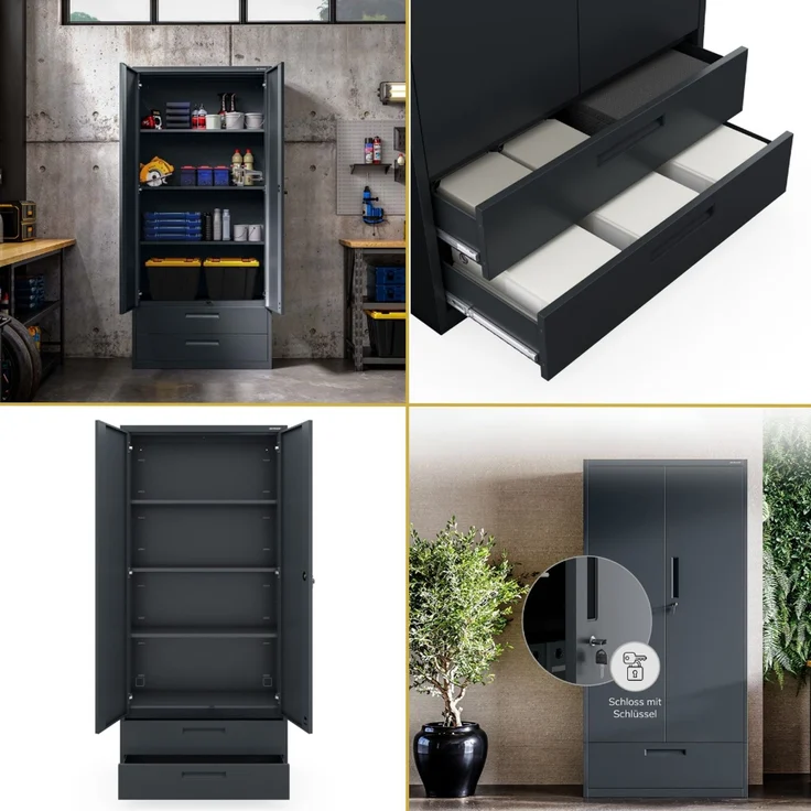 Metallschrank mit Doppel-Schublade RUEL - 195x90x40cm Anthrazit | Büroschrank Aktenschrank Stahlschrank Fachbodenschrank Werkstattschrank – Bild 7