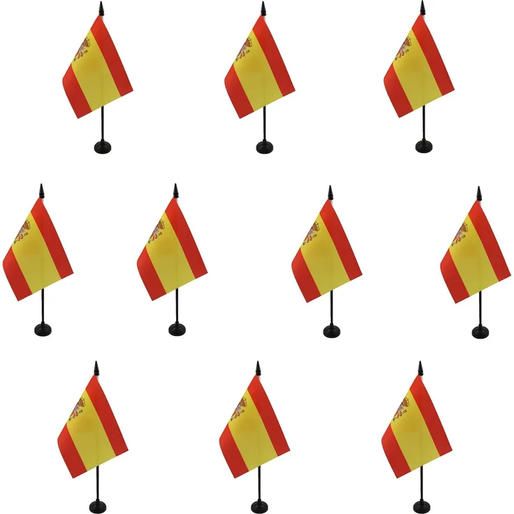AZ FLAG 10 Stück Tischflagge Spanien – 15x10 cm – 10 Mini-Flaggen Spanisch für Büro aus 100% Polyester mit Fahnenstange von 25 cm und Sockel aus schwarzem Kunststoff