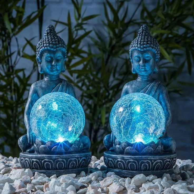 Haushalt International LED Solarleuchte, LED-Leuchtmittel fest verbaut, Farbwechsel, LED Solarleuchte Außenlampe Buddha Figur mit crackle Glaskugel 2er Set – Bild 5