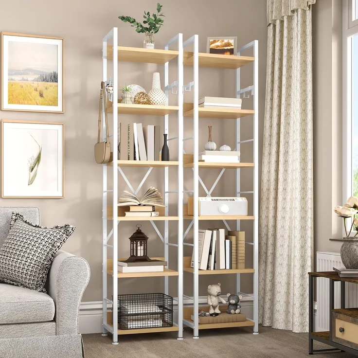 YITAHOME Bücherregal mit 6 Ebenen, Industrielles Standregal, Metallrahmen und Holzregale, Hohes Lagerregal mit 4 Haken, Präsentationsorganizer, für Wohnzimmer, Heimbüro, Weiß und Eiche Regal – Bild 6