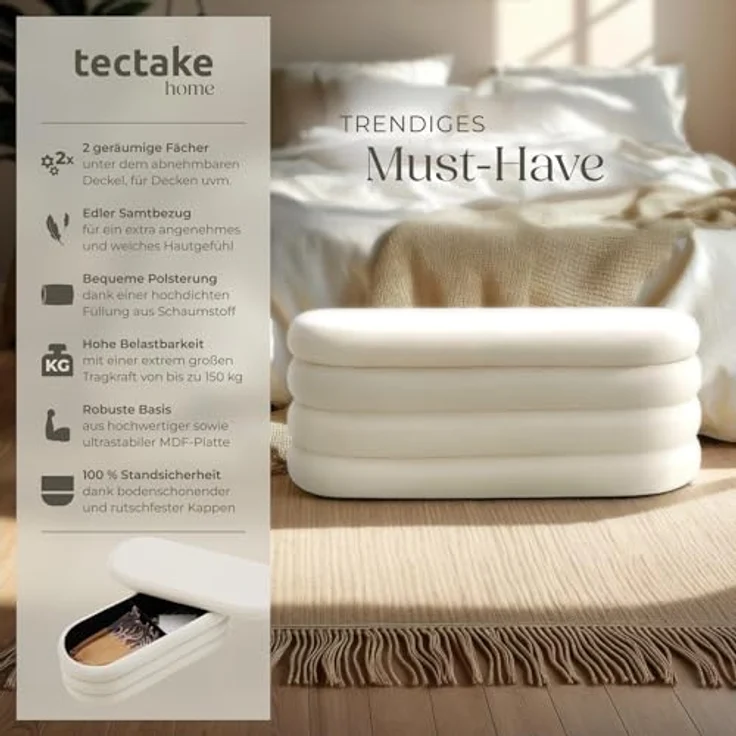 tectake® Sitzbank mit Stauraum, Sitzhocker, Hocker mit Stauraum, Pouf, Polsterhocker, Sitztruhe, Truhe mit Deckel, Truhenbank mit Stauraum, Möbel Wohnzimmer, 110 x 45 x 42 cm - Samtoptik Creme-weiß – Bild 4
