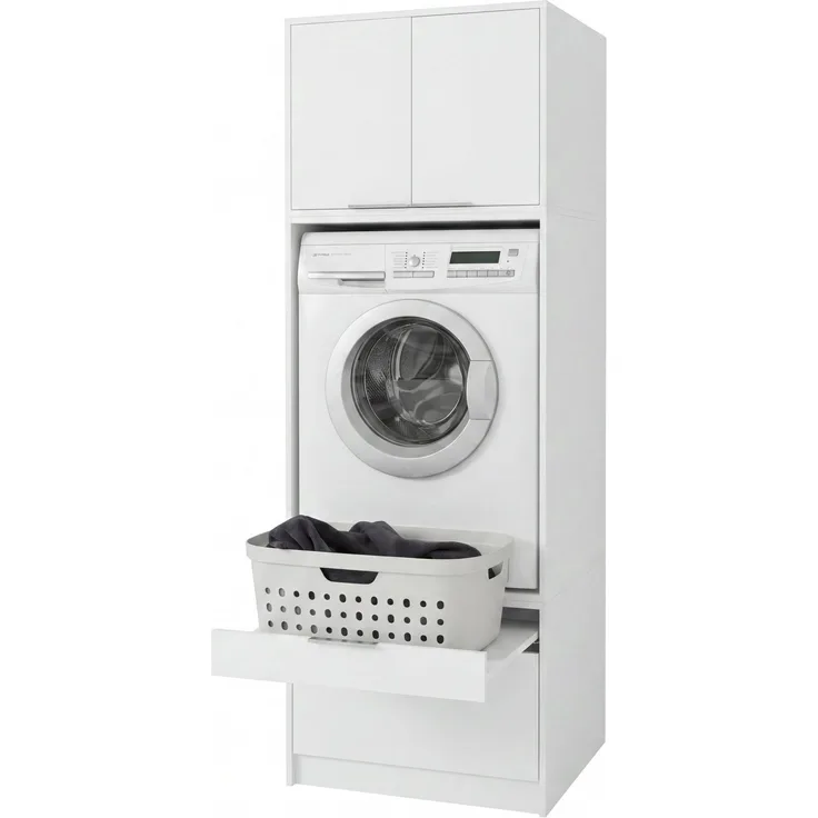 FACKELMANN Waschturm Set 3-teilig 65 cm breit, Weiß, Trockner-/Waschmaschinenaufsatz + Aufsatzschrank + Unterbauschrank
