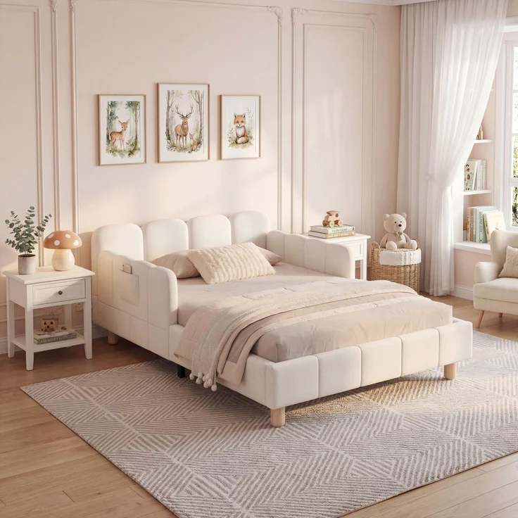 Merax Polsterbett, Einzelbett, Kinderbett 90x200 cm, Bett mit und gepolstertes Kopfteil und Rausfallschutz, Bettbeine aus Massivholz, Samt, beige – Bild 5