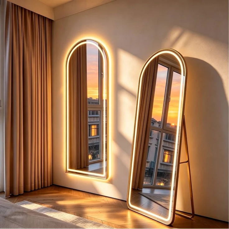 Furnishings Home Ganzkörperspiegel Bodenspiegel Wandspiegel 3 Farbwechseln LED beleuchtung Touch-Schalter (1-St, Einstellung der warmen und kalten Farbtemperatur 3000/4500/6000K inkl), Mit Halterung und Haken, Aluminiumrahmen, Stand- oder Wandmontage – Bild 1