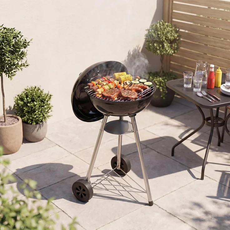 Aoxun Holzkohlegrill, 47cm Kugelgrill mit Thermometer und regulierbarer Luftzufuhr, kratzfeste, emaillierte Grillschale, Ascheauffangbehälter, Rollen und Ablage, für Garten, und Outdoor, schwarz – Bild 2