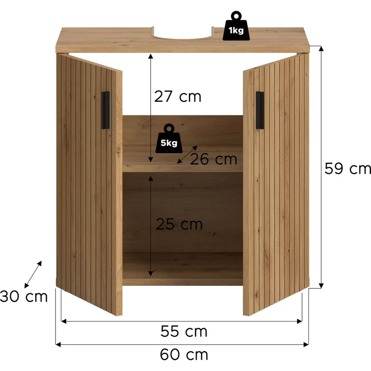 Waschbeckenunterschrank B/H/T: 60x59x30 cm in Artisan Oak Nachbildung und -- – Bild 4
