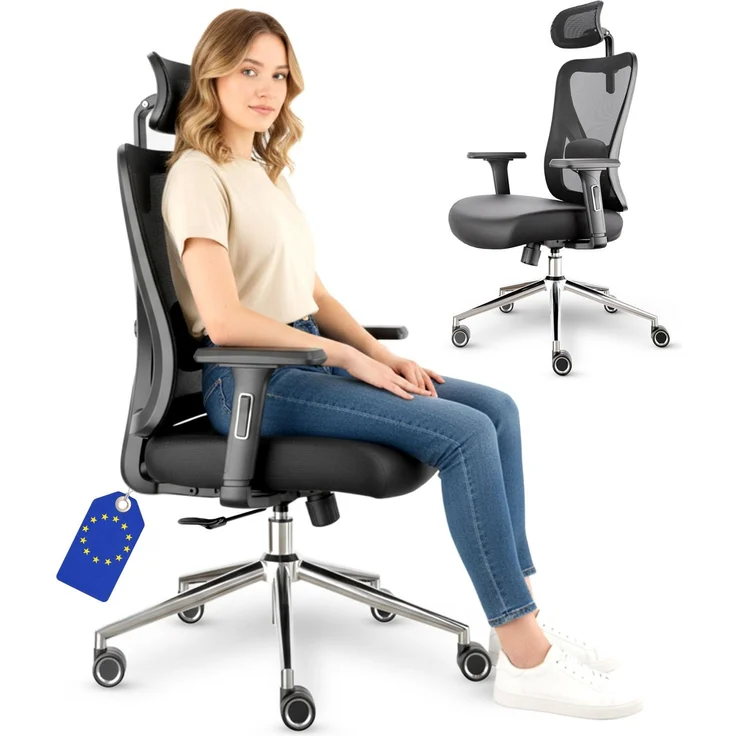 LUTIVO Alpha, ergonomischer Bürostuhl, Rückenlehne mit Mesh Bezug, 3D-Armlehnen, 3D-Kopfstütze, FluxWheels, Schwarz – Bild 1
