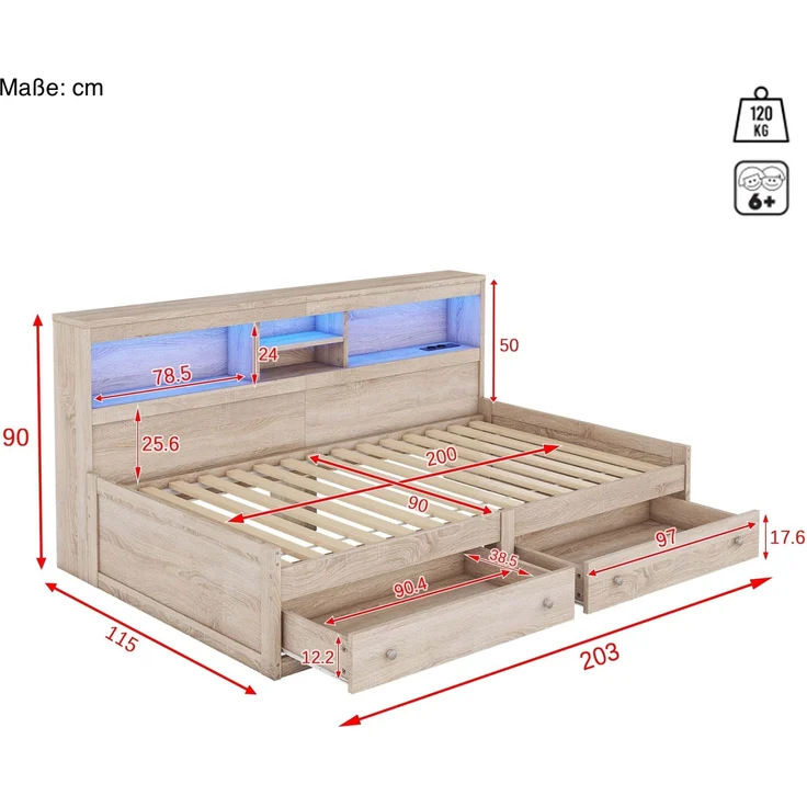 Holzbett mit LED-Beleuchtung und Stauraum, 90x200 cm, Einzelbett mit Mehrfachsteckdose und Lattenrost, Jugendbett – Bild 5