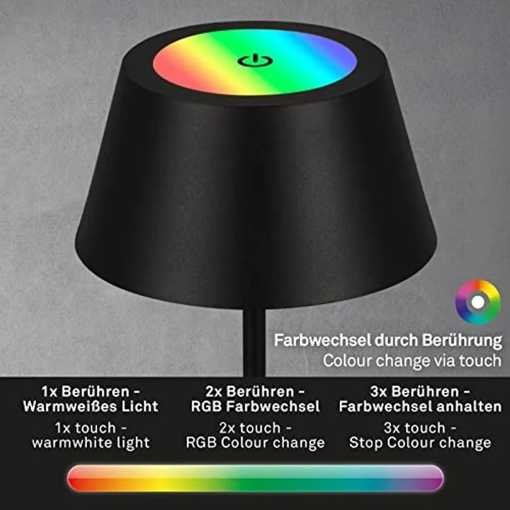 BRILONER – LED Tischlampe Kabellos, RGB Nachttischlampe Touch, Schreibtischlampe, Leselampe, Tischleuchte Outdoor & Indoor, USB-C, Camping Lampe, Warmweißes Licht und buntes Licht, Schwarz – Bild 4