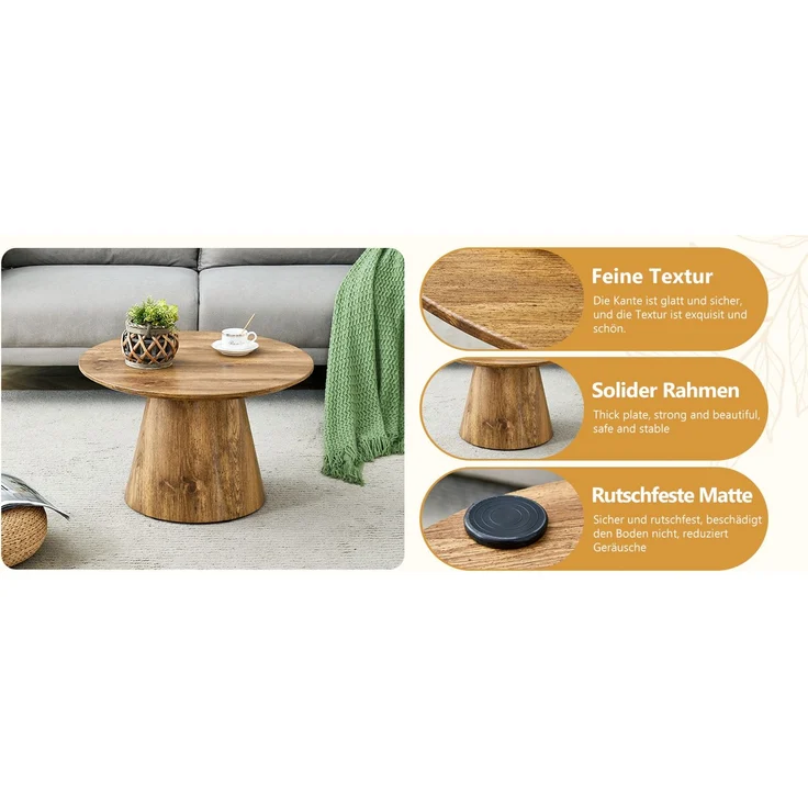 Runder Kaffeetisch in Naturholzoptik (MDF) – 60 cm Durchmesser, 35 cm Höhe. Mit hochwertiger Holzdekorfolie – als Beistelltisch im Wohnzimmer,kleiner Tisch für den Balkon u.v.m.--Holz--60x60x35cm--YOUDENOVA – Bild 3