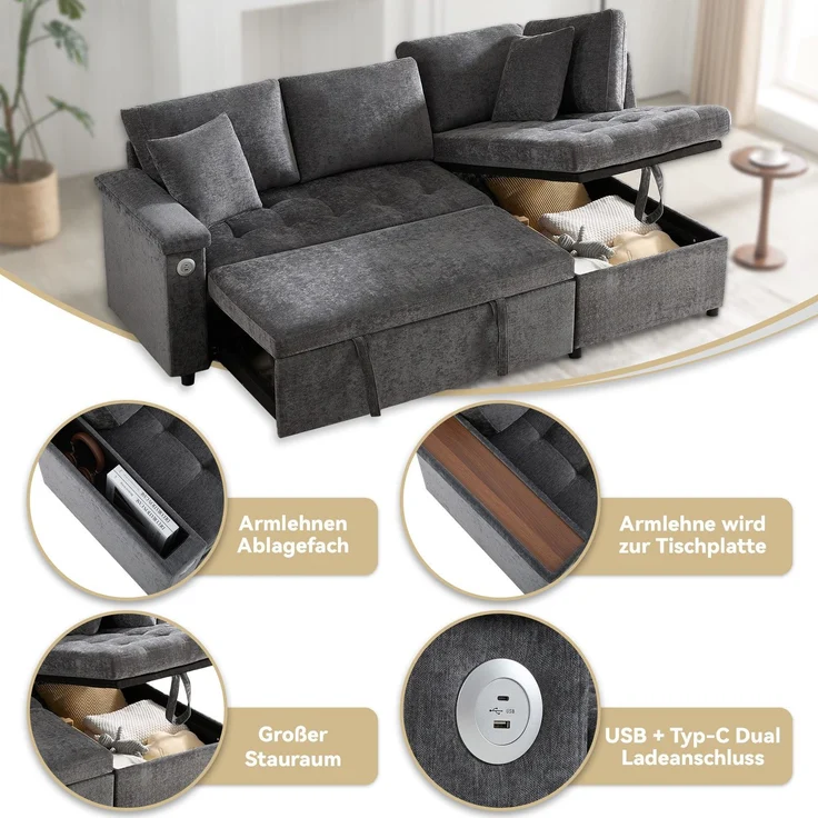 3-Sitzer Sofa mit Bettfunktion, Stauraum, Zierkissen, Rückenkissen, USB und Type-C, Liegefläche erweiterbar, Schlafsofa, Ecksofa, L-Form, Chenille – Bild 3