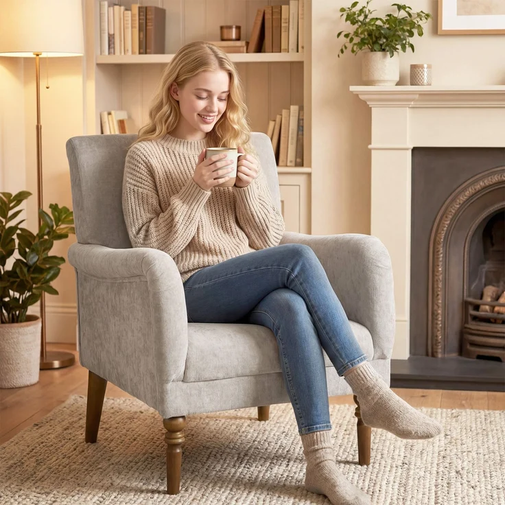 Wohnora-Lounge-Sessel, 1-Sitzer-Sofa mit hoher Rückenlehne, Armlehnen, breiter Sitzfläche, Beinen aus Gummibaumholz, Leinenbezug, grau,H 88cm x T 75cm x B 70cm – Bild 4
