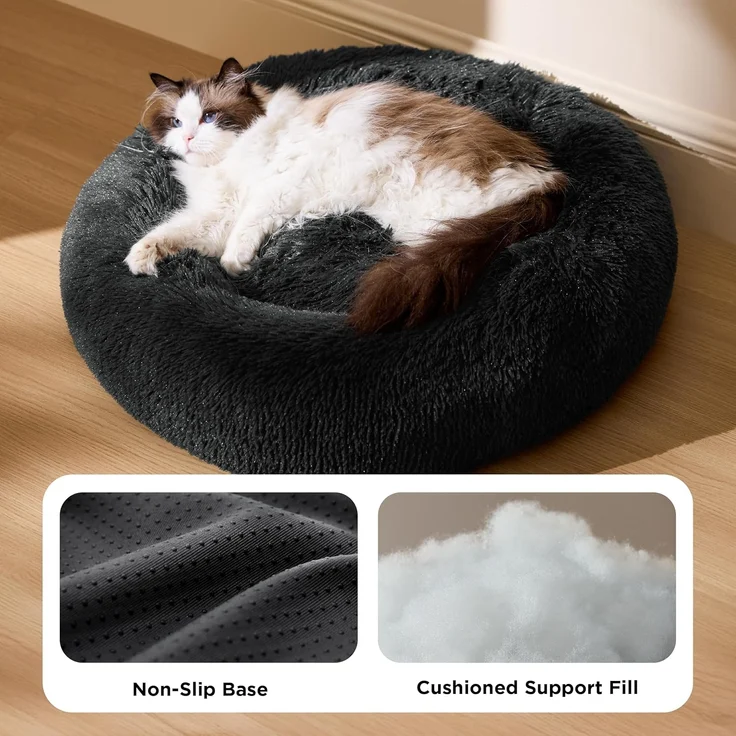 BEDSURE Hundebett waschbar Flauschiges Katzenbett - Ø 50 cm Donut Kissen, Katzenschlafplatz für Katzen Kleine Mittelgroße Hunde, Plüsch Katzenkissen Rund Kuschelbett Katzen Bettchen, Dunkelgrau – Bild 2