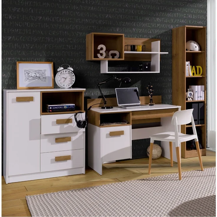 Marmex Möbel Grant Set-03B Jugendzimmer Komplett-Set 4-teilig mit Kommode, Schreibtisch, Wandregal, offenes Regal, Kinderzimmermöbel mit Schreibtisch, laminierte Spanplatte, weiß+riviera Eiche, 234x195x55 cm – Bild 6