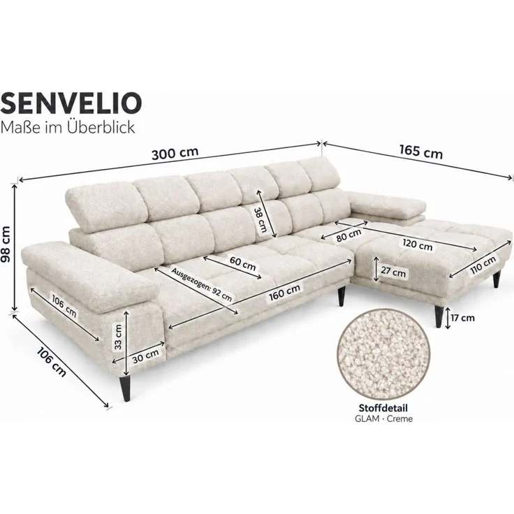 Ecksofa Schlafsofa SENVELIO RELAX in Stoff Glam Creme Ottomane Links – Bild 6