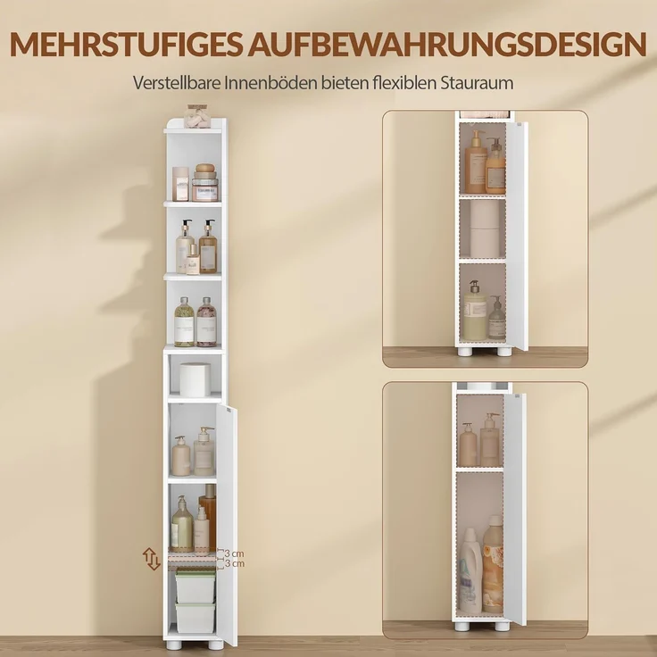 Badezimmerschrank Schmal, Toilettenschrank, Badschrank mit Verstellbare Einlegeböden, Badmöbel für Kleine Bäder, 20 x 20 x 177 cm, Weiß – Bild 4