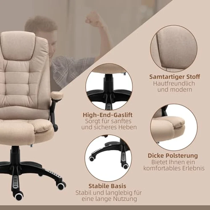 Vinsetto Schreibtischstuhl mit Vibrationsmassage, Heiz-, Liegefunktion, ergonomisch (Massagesessel, 1 St), für Wohnbereich, Braun – Bild 10