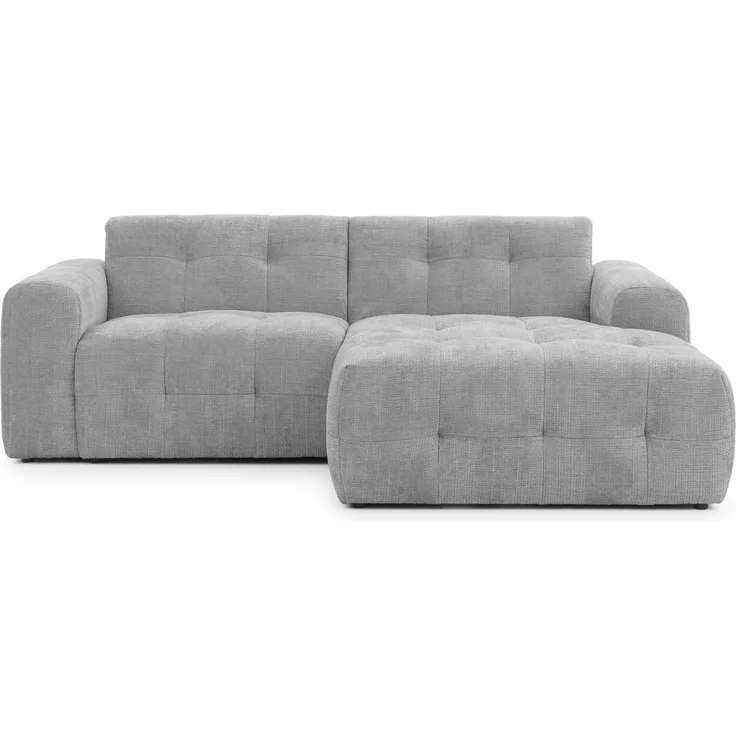 luma-home Modernes Ecksofa mit Ottomane rechts, markante Steppungen, Chenille in Hellgrau, 234 x 161 x 79cm