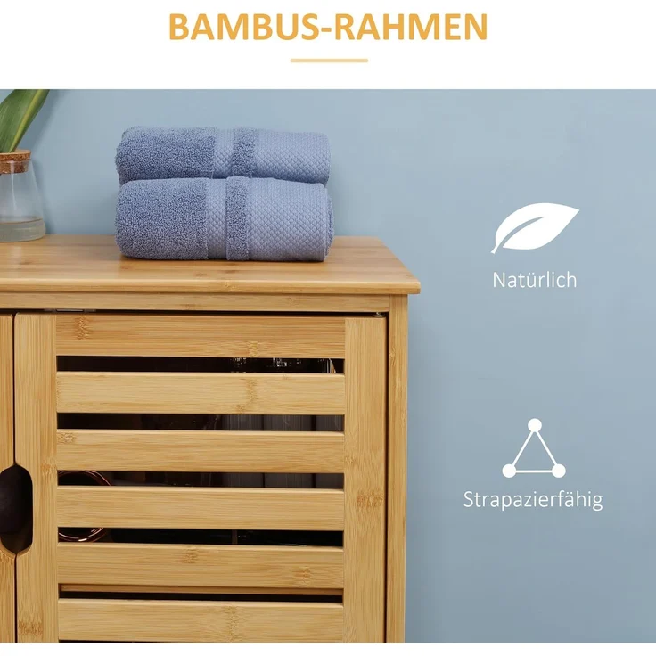 Kleankin Badkommode Badezimmerschrank, Badschrank (Beistellschrank mit 2 Lamellentüren, Innenregalen, 1 St, Bambus Aufbewahrungsschrank für Badezimmer), 68 x 32 x 86 cm, Natur – Bild 5