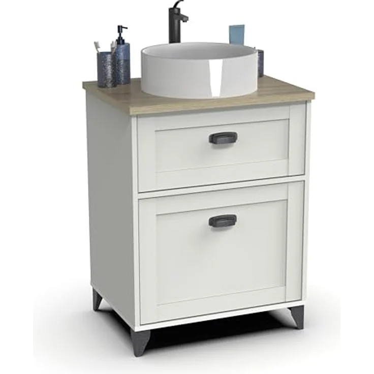 MUEBLES PITARCH Badezimmerschrank, 60 cm breit, mit Beinen, Schubladenführungen mit Softclose, 1 Tür, für Aufsatzwaschbecken, Weiß und Eiche Cambrian, Vintage-Stil, toskanisches Modell – Bild 4