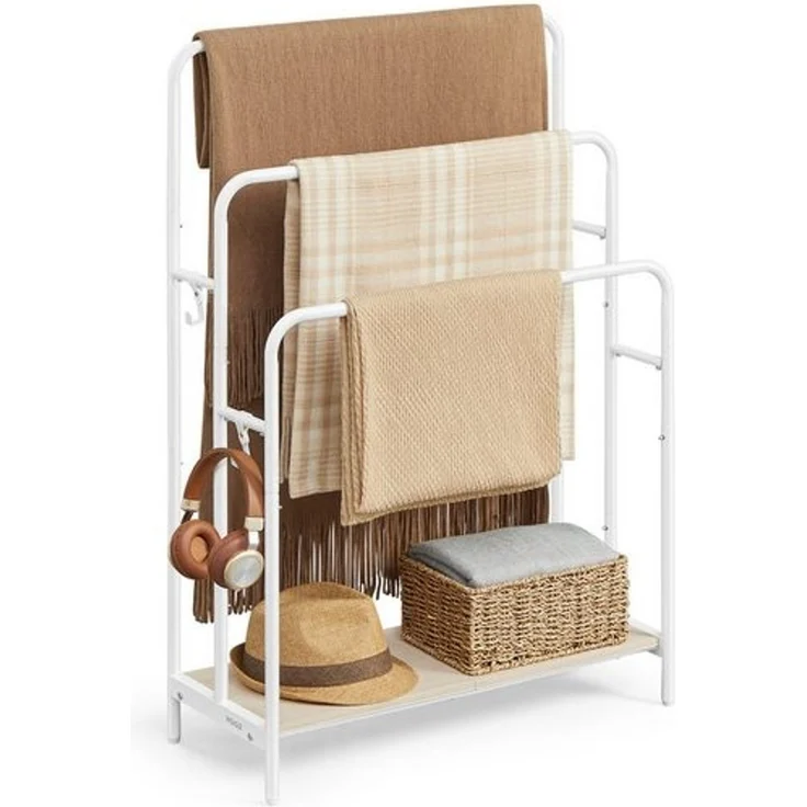VASAGLE Handtuchhalter, stehend, Handtuchständer 3 Stangen, 70 x 30 x 100 cm, 2 Haken, Ablage, für Decke, Badetücher, wolkenweiß-naturbeige LLS019W01 – Bild 2