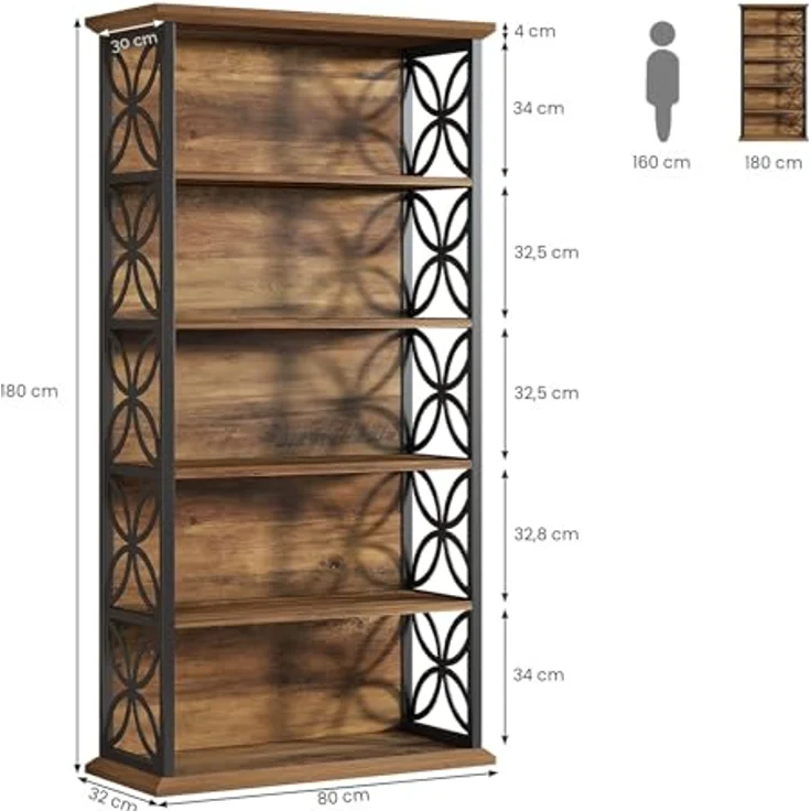 5-stufiges Bücherregal, Industriestil 180 cm hohes Bücherregal für das Wohnzimmer, Braunes Holz-Bücherregal mit schwarzem Metallrahmen, Großes Ausstellungsregal für Küche, Schlafzimmer, Büro – Bild 3