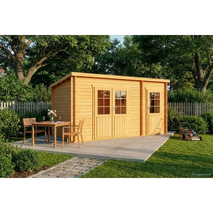 Alpholz Pultdach Gartenhaus Maria mit Anbau Gartenhaus aus Holz in Pinie Holzhaus mit 28 mm Wandstärke Blockbohlenhaus mit Montagematerial