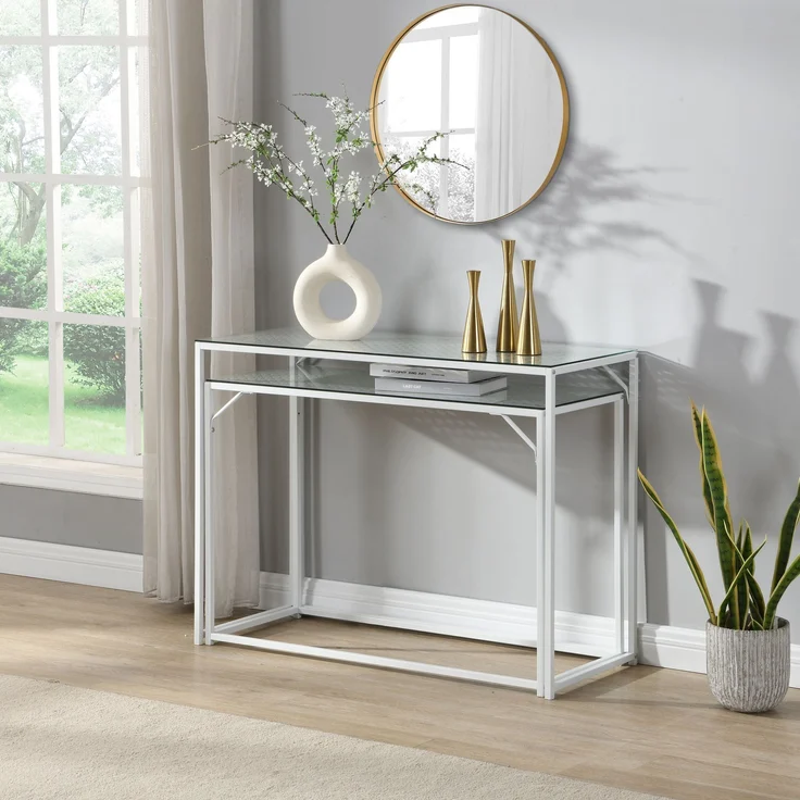 FINEBUY Konsolentisch FB72752 2er Set e Flurtische Metall Glasplatte Modern Industrial (Dekotische 2er Set Weiß Glas Metall Modern), Ablagetische Wohnzimmer, Glastische Platzsparend – Bild 4