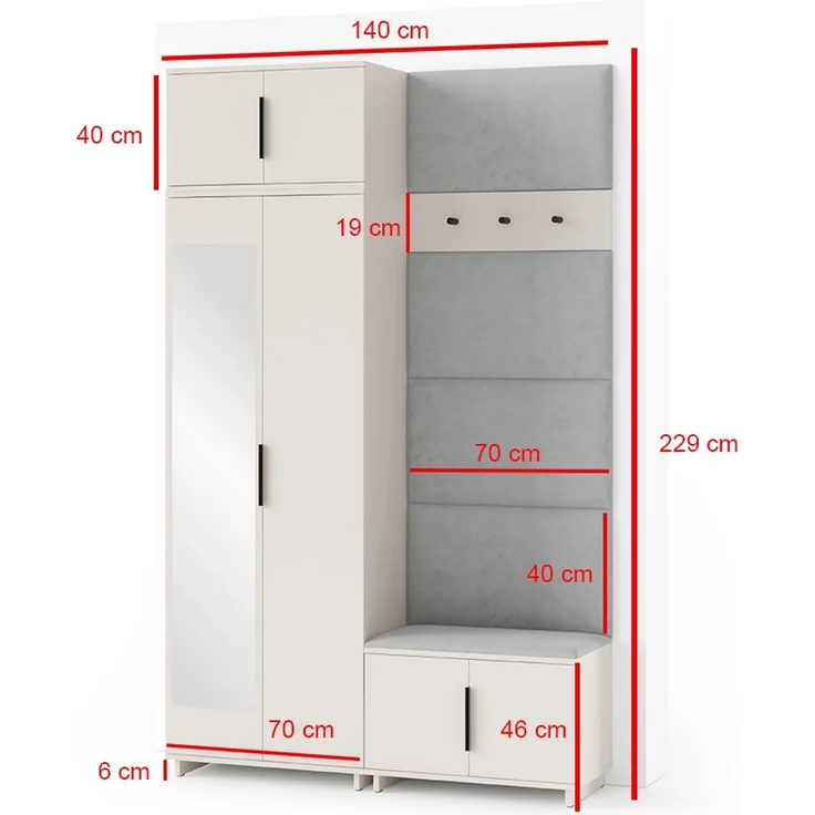 Garderoben-Set Napoli Version 4: Kleiderschrank mit Polsterpaneelen, Schuhschrank Flur und Eingangsbereich (Cashmere/Trinity 19), 229 x 40 x 140 cm – Bild 2