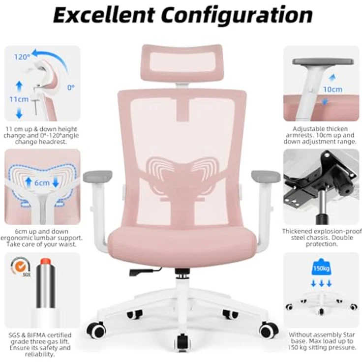 Daccormax Bürostuhl Ergonomisch, mit verstellbarer Kopfstütze, Lendenwirbelstütze & Wippfunktion, Mesh rosa, 70 x 70 x 128 cm – Bild 7