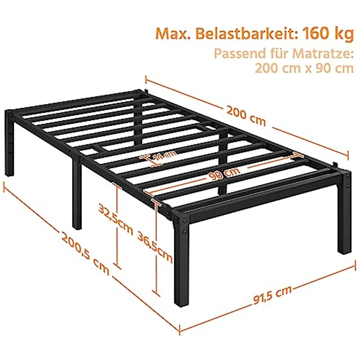 Yaheetech Bettrahmen 36cm H Metallbett mit Lattenrost, Bettgestell aus Metall, Modern Doppelbett Einzelbett Leichte Montage, Schwarz 90x200 cm – Bild 4