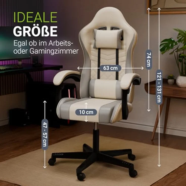 Juskys Gamingstuhl HyperSeat, verstellbare Rückenlehne, höhenverstellbarer Drehstuhl, Kunstleder, ergonomisch, für Büro & Gaming Setup – Beige/hellgrau – Bild 4