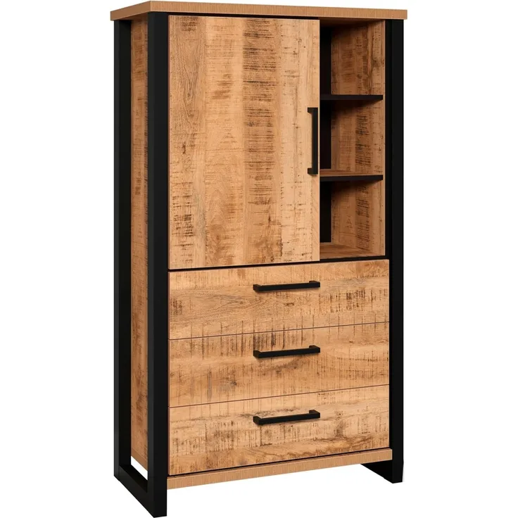 trendteam smart living - Enna - Highboard - Mango/Schwarz - Stauraumschrank mit 1 Tür, 3 Schubladen, 3 offenen Fächern und 4 Einlegeböden - (BxHxT) 87 x 155 x 45 cm - Schubkasten-Vollauszug