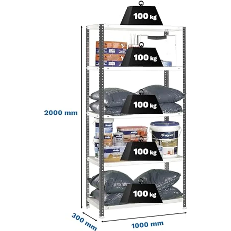 Simon Rack Metallregal, 5 verstellbare Regalböden, 100 kg Biegepunkt, 2000 x 1000 x 300 mm, mit Schrauben, Lagerregal, Anthrazit/Weiß, Comfort – Bild 4