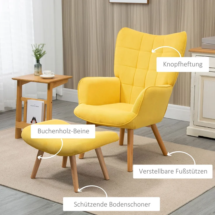 Relaxsessel Loungesessel Ohrensessel mit Hocker in Gelb, Armlehnstuhl mit Holzbeinen, Cord-Optik für gemütliches Sitzen--Gelb--72x80x101cm--YOUDENOVA – Bild 5