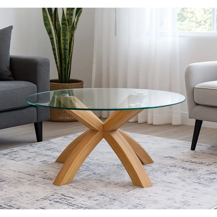 Design-Couchtisch Eiche massiv & Klarglas – rund Ø80 cm – zeitlos & modern