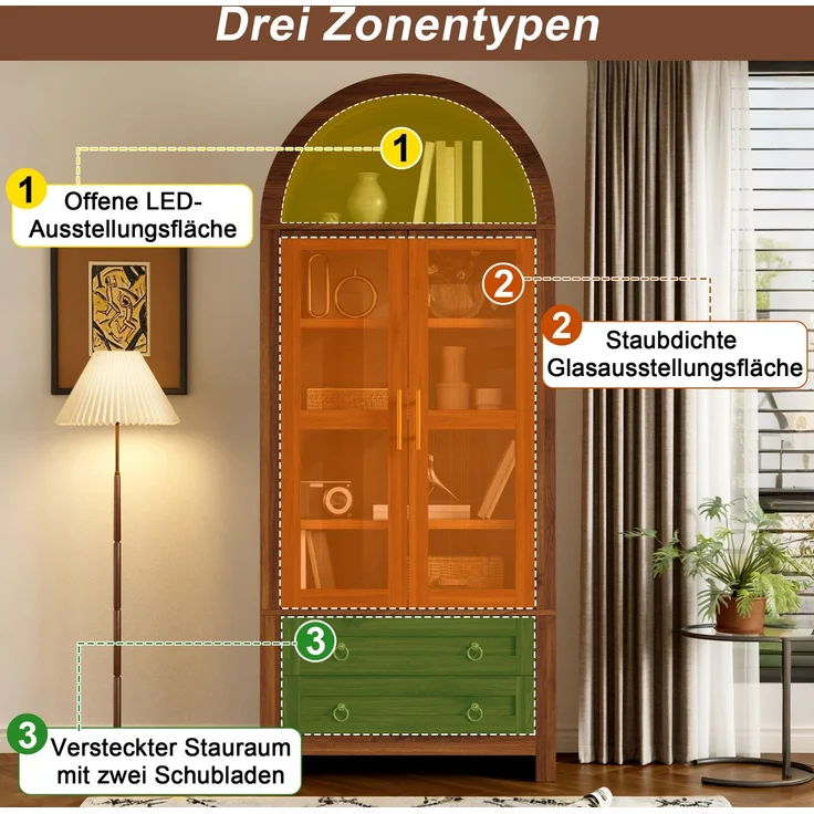 Vitrine 76 x 40 x 180 cm aus MDF und Spanplatte mit Glasfront, LED-Beleuchtung und Retro-Bogen – Bild 8