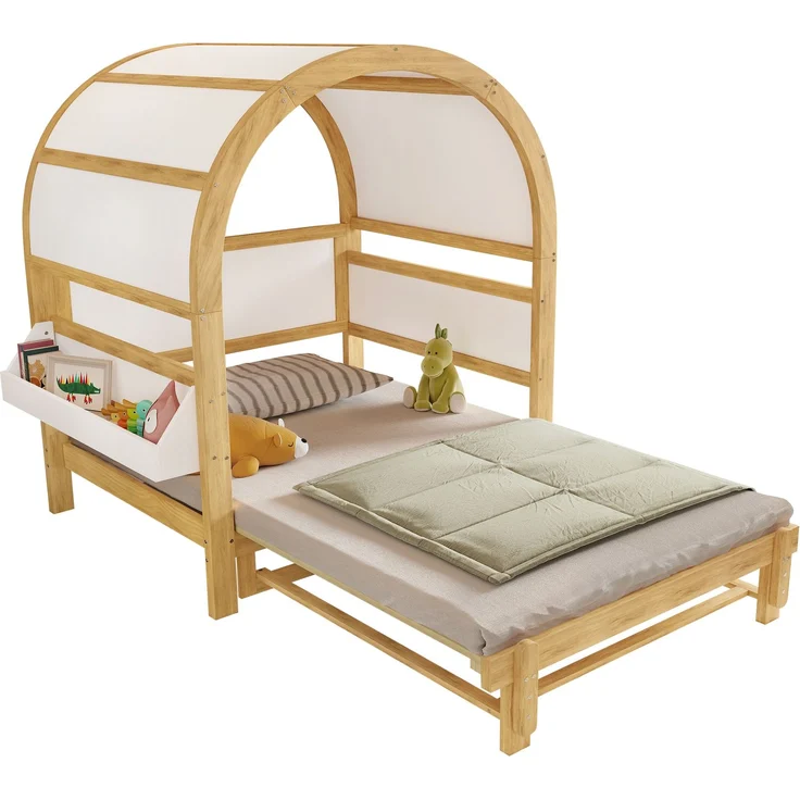 Gewölbedachbett erweiterbar mit Ausziehbett Funktion, Holzhaus Design aus Kiefer MDF, weiß-natur – Bild 5