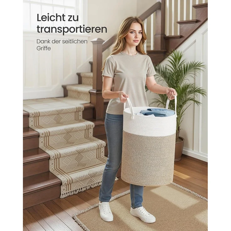 SONGMICS Wäschekorb, 60 L Wäschesammler für Kinder, Baumwollseil, mit Henkel, für Kinderzimmer, weiß-graubraun – Bild 6