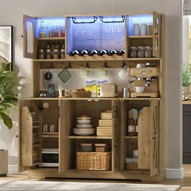 Küchenschrank, hoher Schrank mit LED-Beleuchtung und Steckdosen, Vorratsschrank mit Acrylglastüren, Weinregalen und Weinglashaltern, Vitrinenschrank für Wohnzimmer & Esszimmer, 140 × 40 × 173 cm--Natürlich--140x40x173cm--YOUDENOVA – Bild 6
