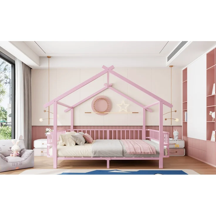ZUBALIYA Kinderbett 140 × 200 cm, Metall, Schutzgitter, Rosa – Bild 14
