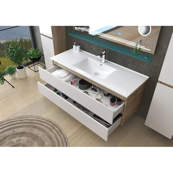 Homeline Badmöbel Set Eiche/Weiß Leonard Hochglanz 120 cm Spiegel incl LED (120, 6, 2X Seitenschränke) – Bild 3