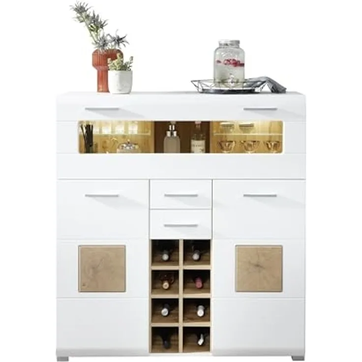 Barschrank >Fun Plus< in weiss matt / Eiche Dekor - 120x129x37 (BxHxT)