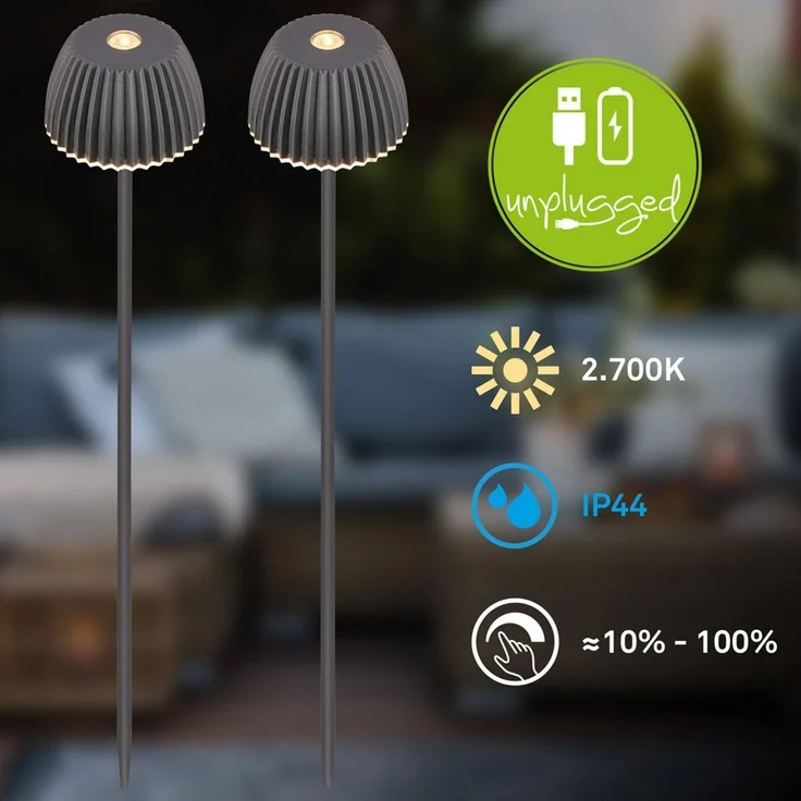 BRILONER - 2er Set Riffle Nano Gartenleuchte mit Erdspieß, Akku, Touch, dimmbar, höhenverstellbar, Außenleuchte Akku, Gartenlampe, Beetbeleuchtung, Deko, Wegeleuchten außen, 6x78,5 cm, Anthrazit – Bild 3