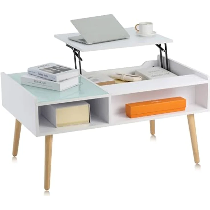 Makika Couchtisch / Wohnzimmertisch mit Glas ausziehbar mit verstecktem Fach in Weiß – Bild 4