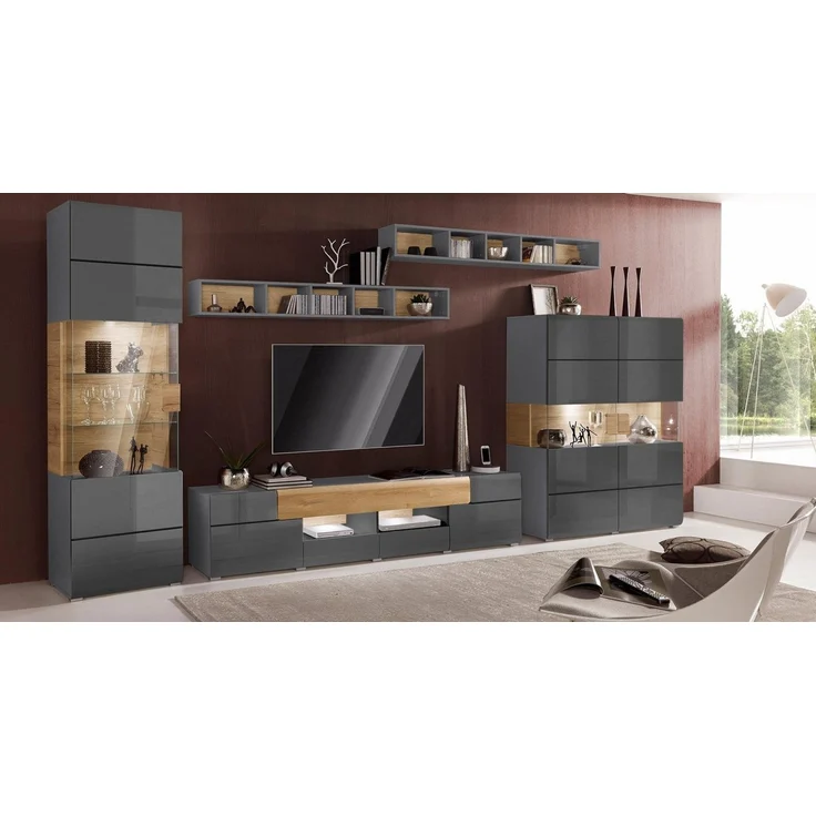 INOSIGN Wohnwand Toledo,Breite 391cm stilvolle Mediawand ohne Beleuchtung, (Set, 5-St), Anbauwand(Vitrine,Lowboard,Highboard,2xHängeregal)MDF Hochglanzfronten – Bild 3