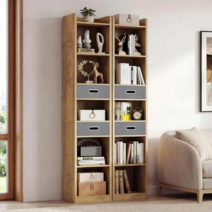 YITAHOME Hohes, schmales Bücherregal, schlankes Eckregal mit 5 Ebenen und 2 Stoffschubladen, freistehendes Regal für Wohnzimmer, Schlafzimmer, Büro, Eichenfarbe, 30 B × 24 T × 180 H cm – Bild 5