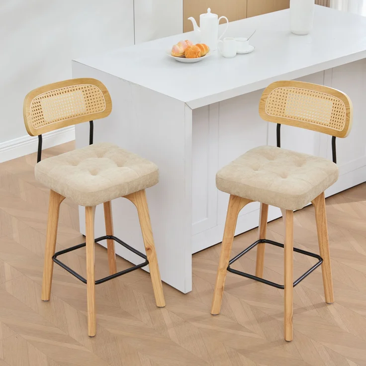 2er-Set um 360° drehbare Barhocker, Küchen- und Frühstücksbarhocker mit Rückenlehne, Rückenlehne aus Rattan mit gepolsterter Sitzfläche, Barhocker im modernen Mid-Century-Stil(Khaki, Chenille)--khaki--51x44x96cm--YOUDENOVA – Bild 8